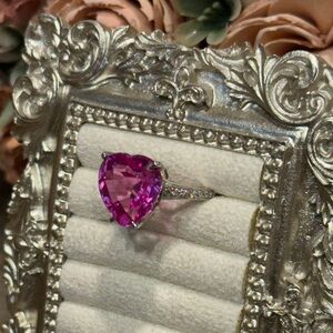 SZ 7 - 11ct Heart Pink Sapphire White Gold plated over Sterling Silver